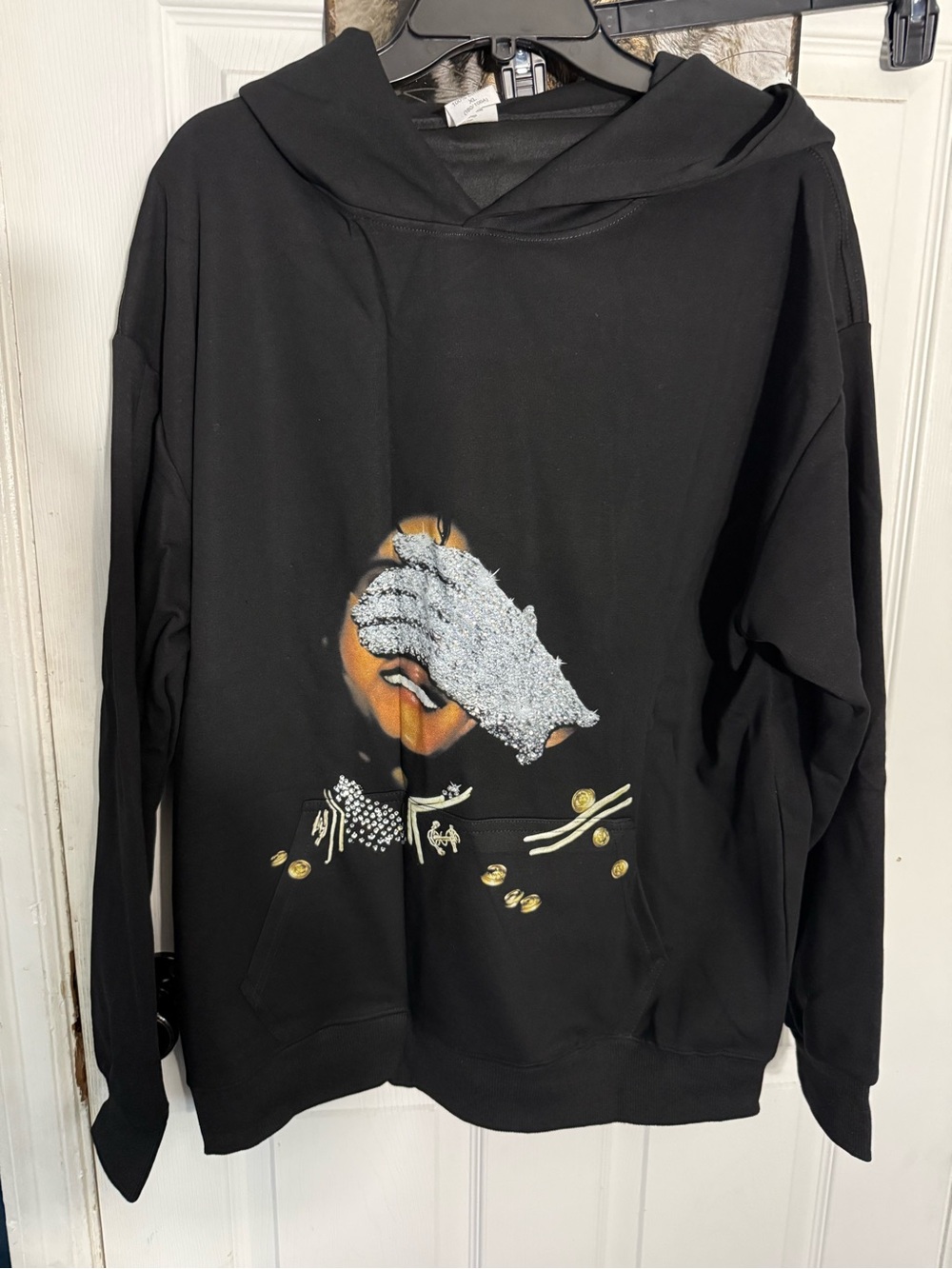 Black Graphic Hoodie Shirt with Silver Accent -